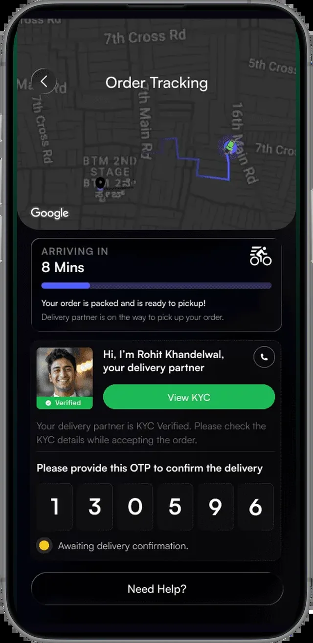 Grid.Pe order tracking screen showing the live map, the delivery partner's photo and verified KYC status, and the six-digit delivery OTP