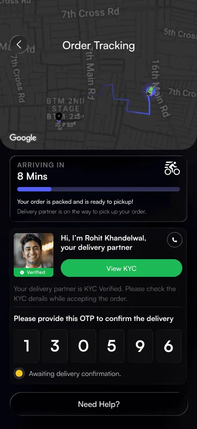 Order tracking screen with a live map, an eight minute arrival estimate, the delivery partner's photo, name and verified badge, a View KYC button, and a six digit delivery OTP.